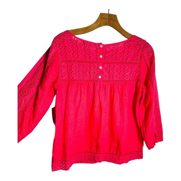 J Crew 100% Linen Timeless Eyelet Peasant Blouse M Coral Pink 3/4 Sleeve Preppy - Picture 2 of 6